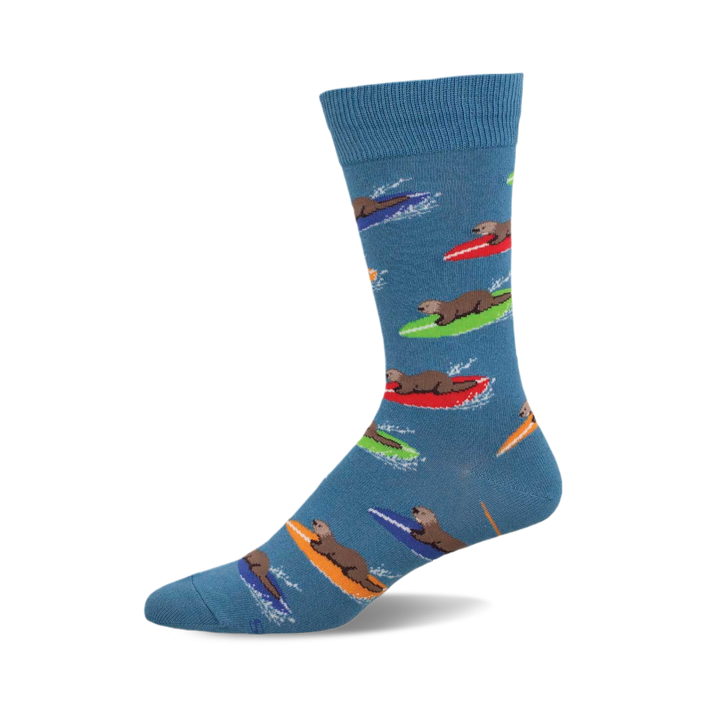 Crew socks in blue featuring otters riding colorful surfboards.  The otters are brown and the surfboards are red, green, orange, and blue.