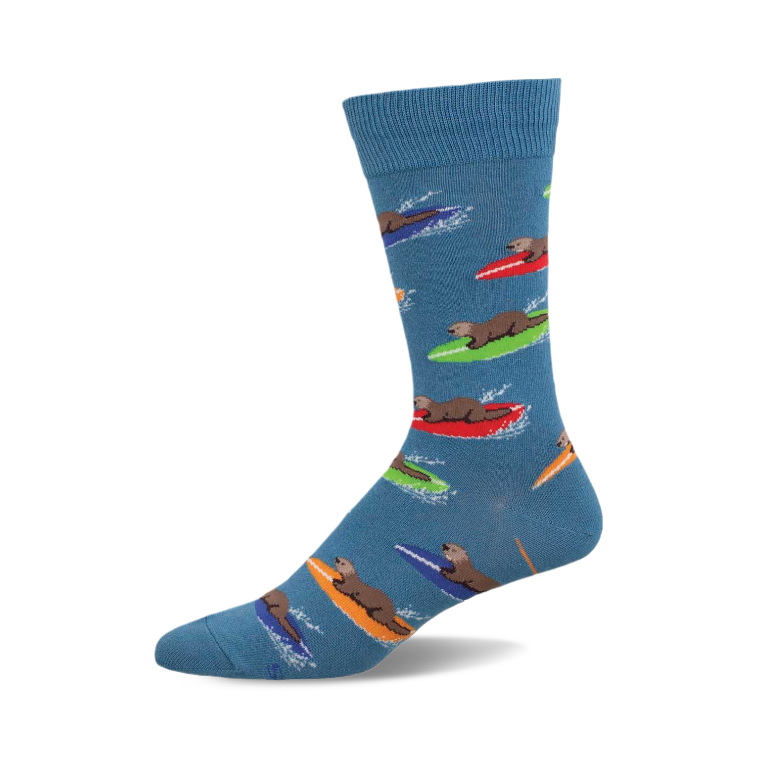 Crew socks in blue featuring otters riding colorful surfboards.  The otters are brown and the surfboards are red, green, orange, and blue.