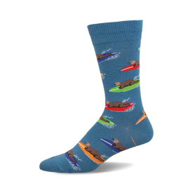 a blue sock with a pattern of otters on surfboards.