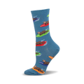 Crew socks in light blue featuring otters riding colorful surfboards (red, green, orange). Fun, whimsical design.