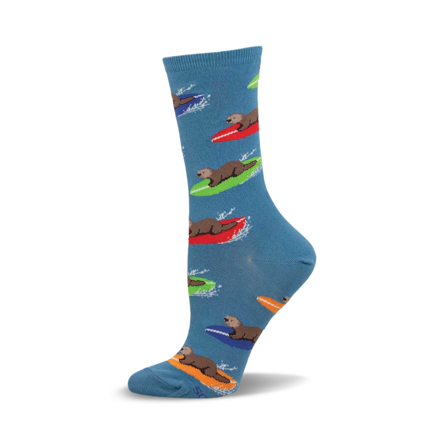 Crew socks in light blue featuring otters riding colorful surfboards (red, green, orange). Fun, whimsical design.