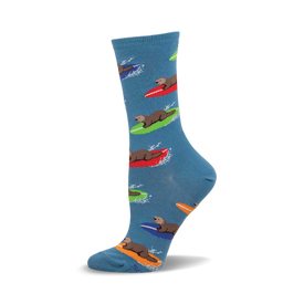 a blue sock with a pattern of otters surfing on colorful surfboards.