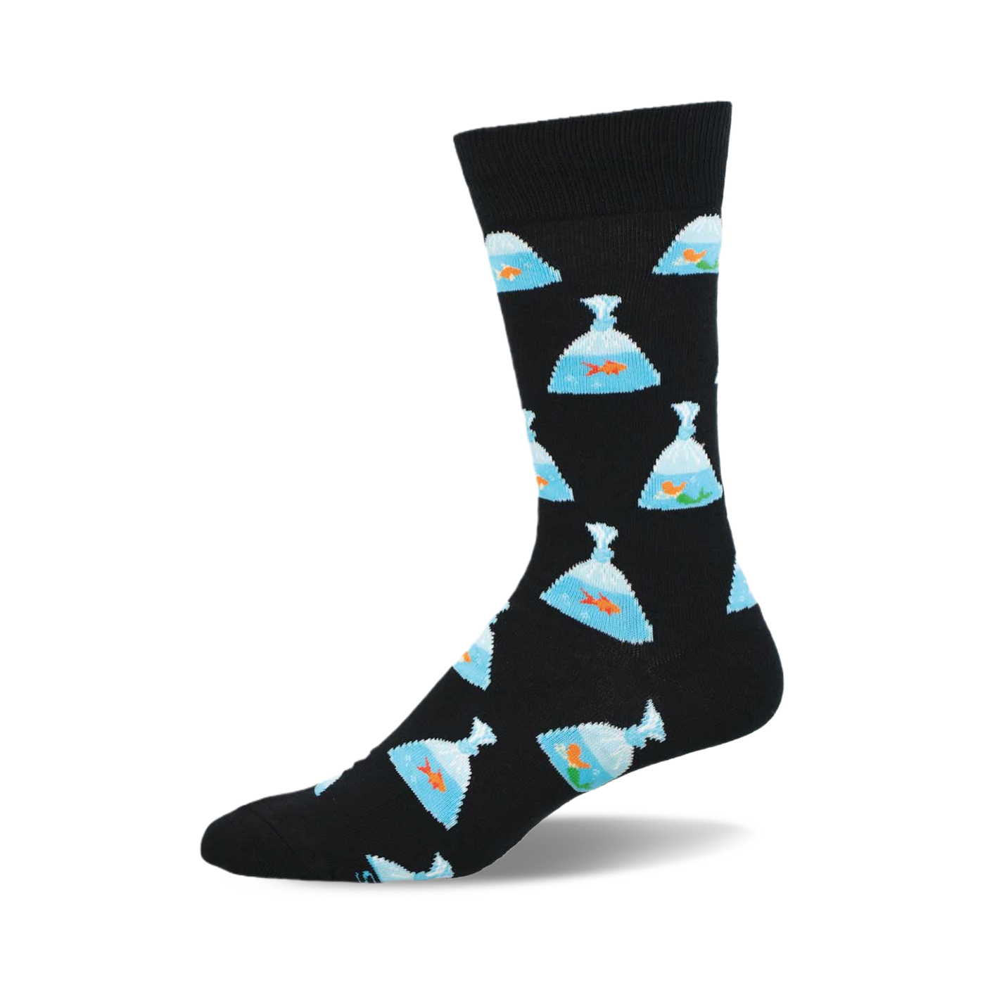 Black crew socks with a repeating pattern of light-blue plastic bags containing orange goldfish. 
