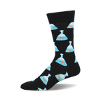 Black crew socks with a repeating pattern of light-blue plastic bags containing orange goldfish. 
