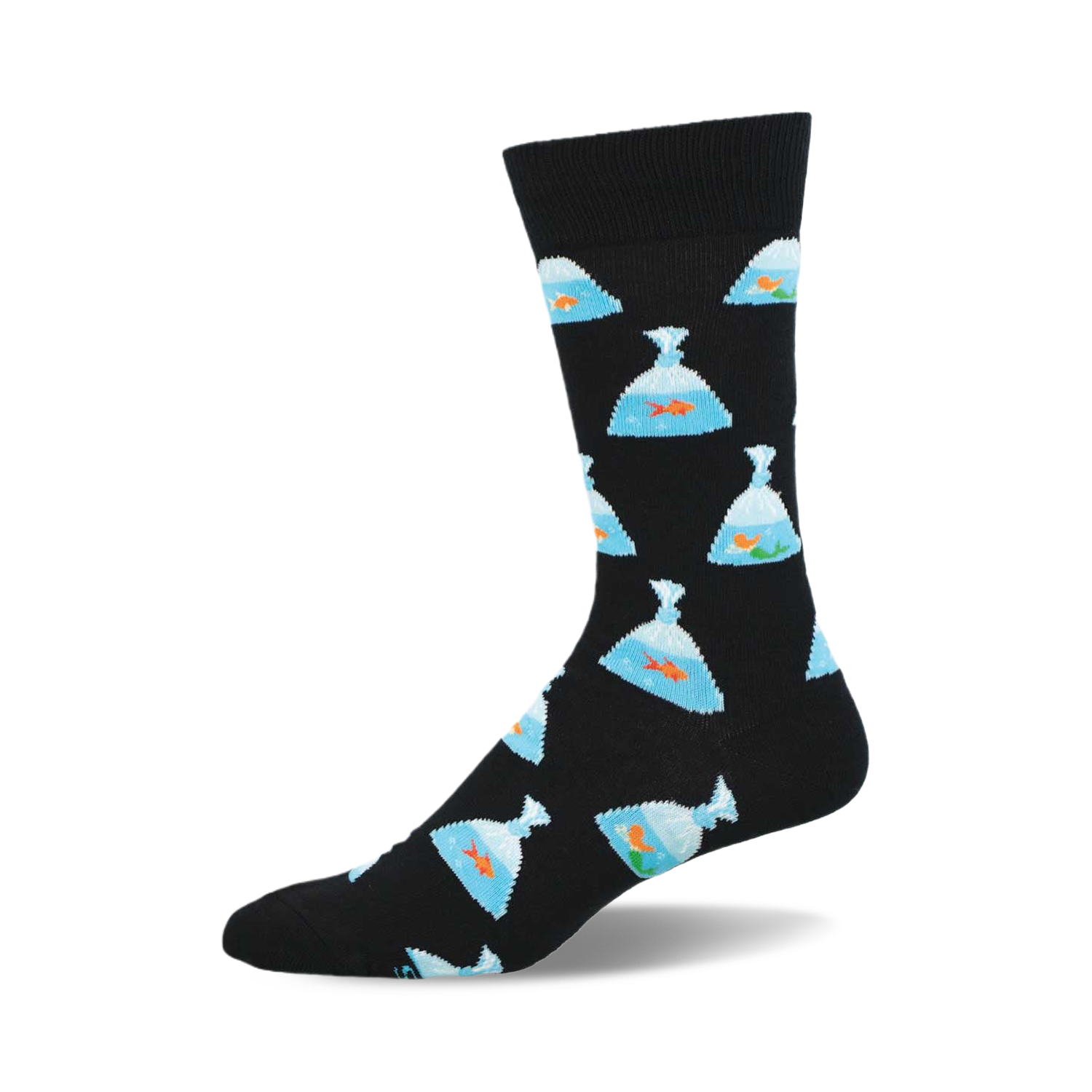 Black crew socks with a repeating pattern of light-blue plastic bags containing orange goldfish. 