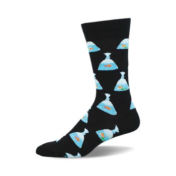 side view of "what a catch" socks; black socks with repeating pattern of goldfish in plastic bags.