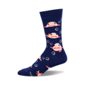 A pair of navy blue crew socks with a repeating pattern of pink blobfish and white bubbles.