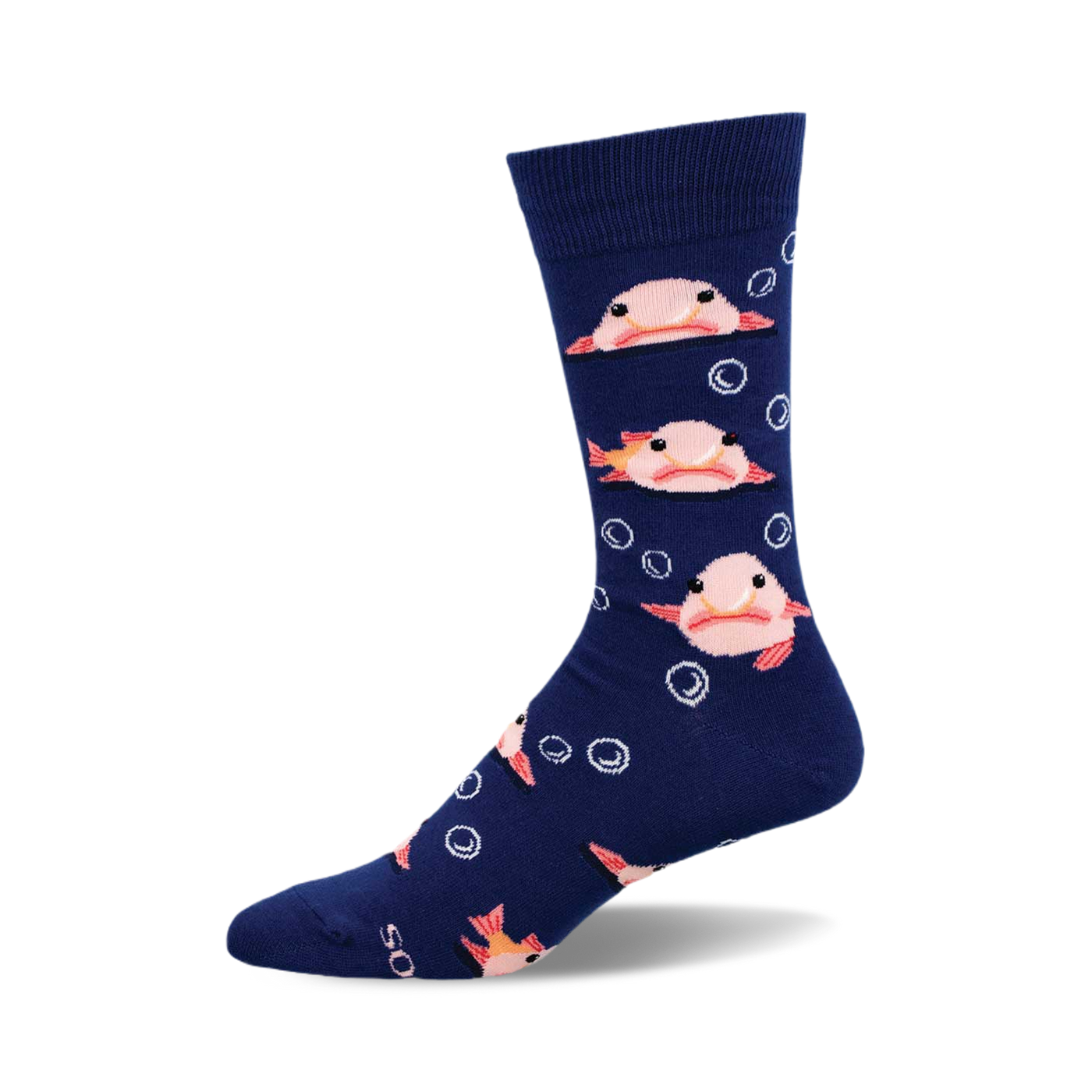 A pair of navy blue crew socks with a repeating pattern of pink blobfish and white bubbles.