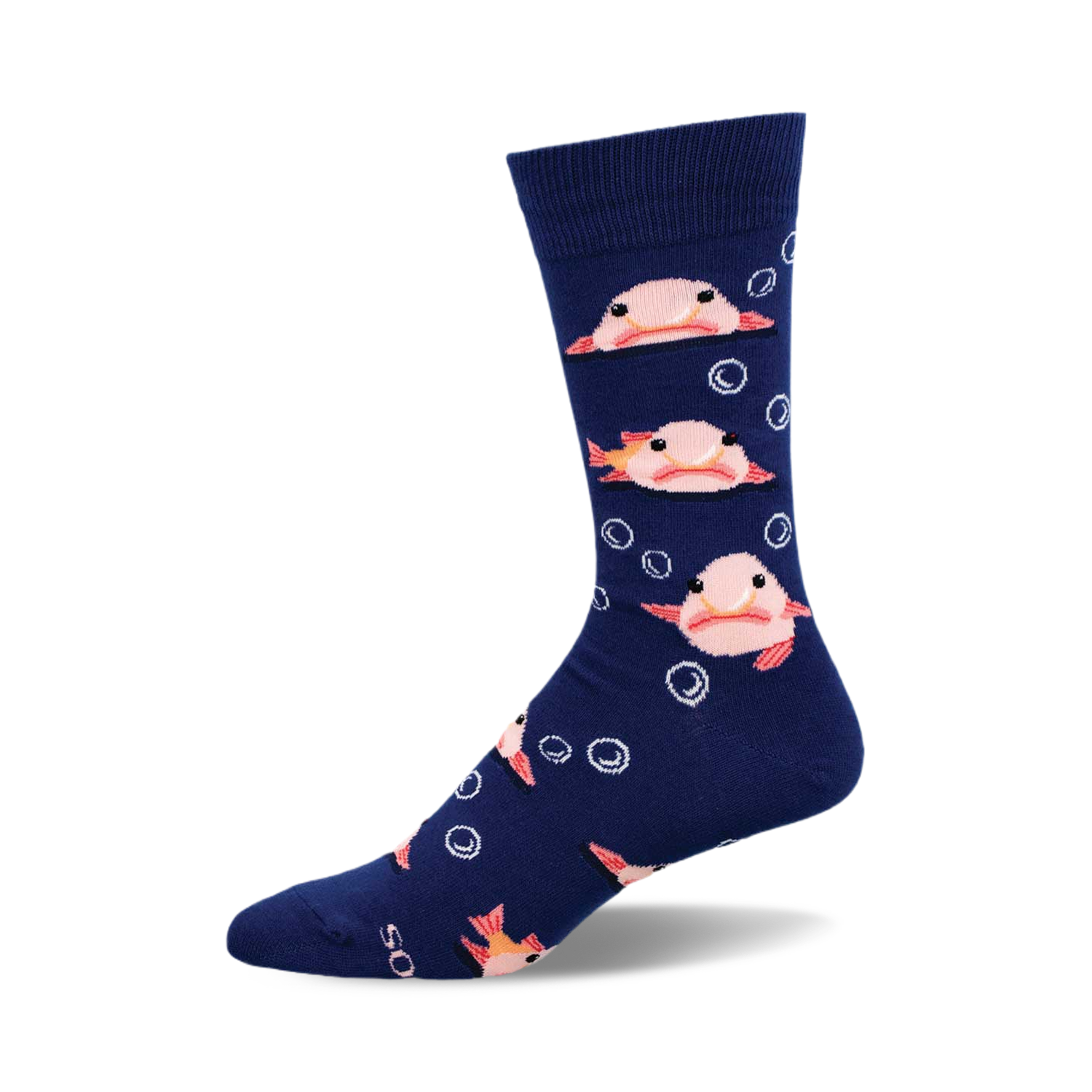 A pair of navy blue crew socks with a repeating pattern of pink blobfish and white bubbles.