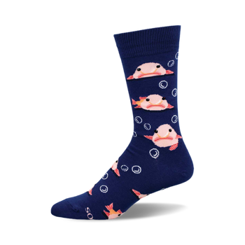 side view of navy blue blobfish socks.  features multiple illustrations of blobfish and bubbles.  fun, quirky sock design.