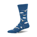 A single blue crew sock with a pattern of gray seagulls flying amidst white clouds. 
