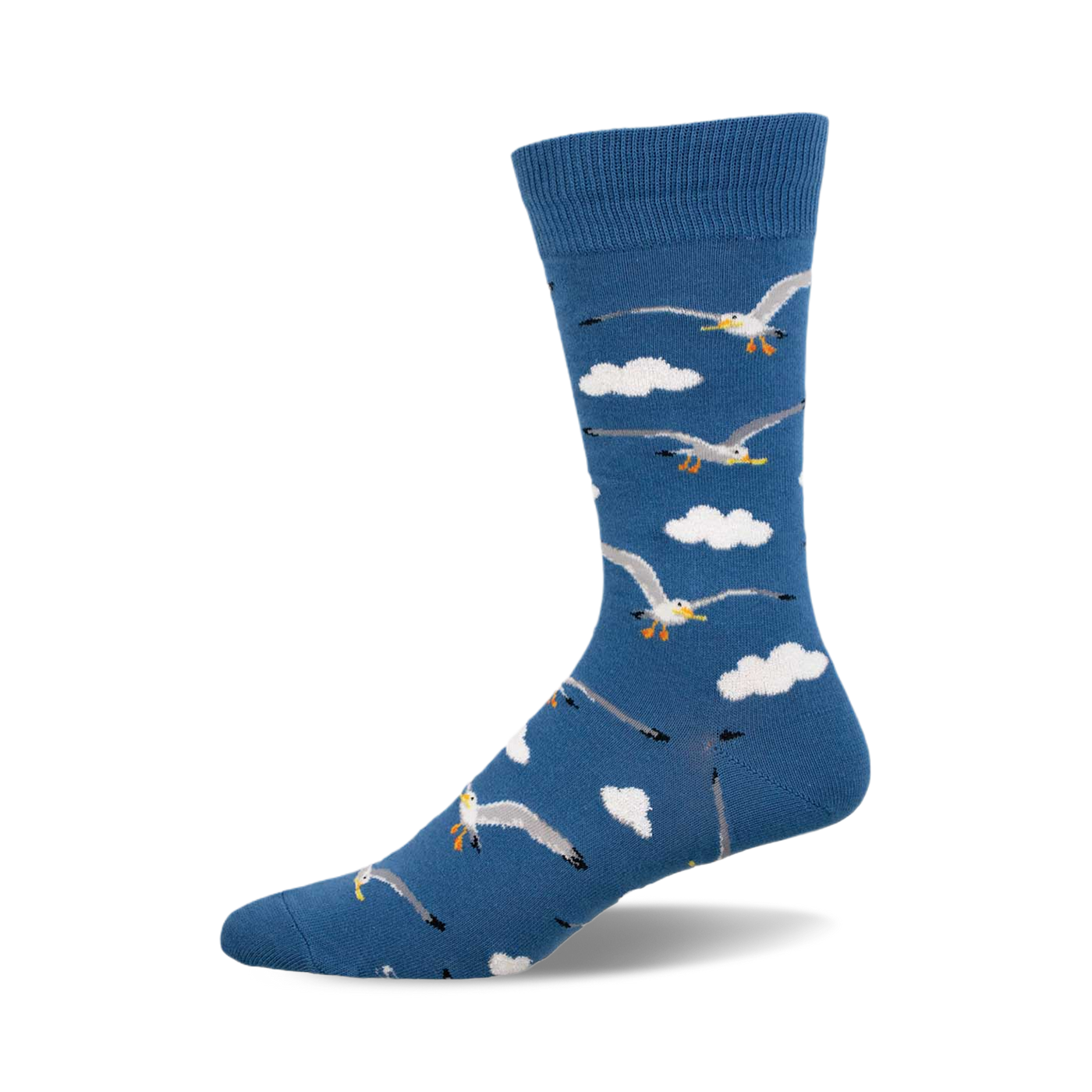 A single blue crew sock with a pattern of gray seagulls flying amidst white clouds. 