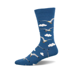A single blue crew sock with a pattern of gray seagulls flying amidst white clouds. 