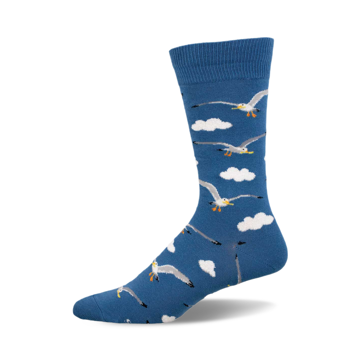A single blue crew sock with a pattern of gray seagulls flying amidst white clouds. 