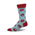 Crew socks in red and light blue with a pattern of red crabs on white stripes. 
