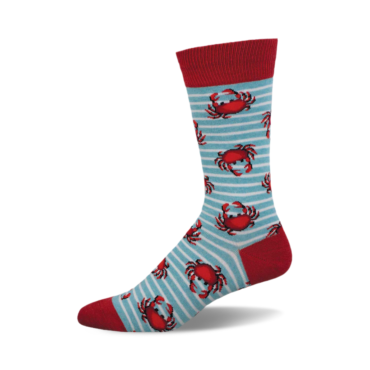 Crew socks in red and light blue with a pattern of red crabs on white stripes. 
