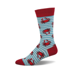 Crew socks in red and light blue with a pattern of red crabs on white stripes. 