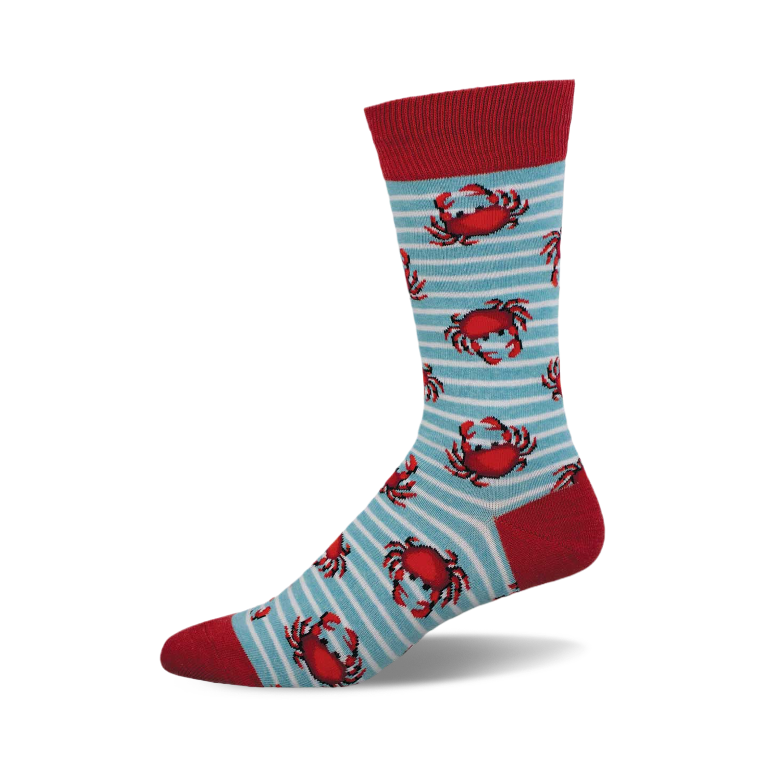 Crew socks in red and light blue with a pattern of red crabs on white stripes. 