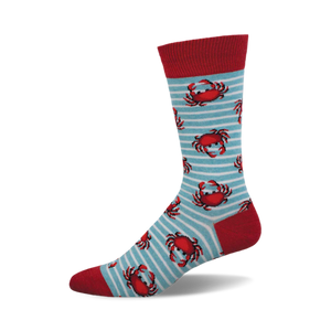 Crew socks in red and light blue with a pattern of red crabs on white stripes. 