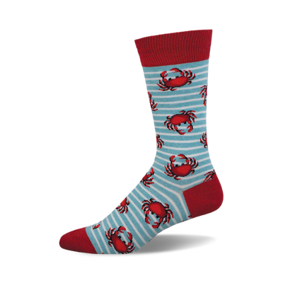 side view of crabby crew socks; light blue with red stripes and repeating crab pattern.  red sock top.