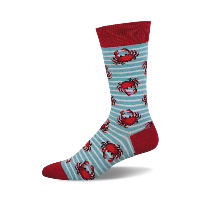 side view of crabby crew socks; light blue with red stripes and repeating crab pattern.  red sock top. }}