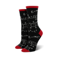 Pair of black crew socks with red cuffs.  The socks are adorned with various mathematical equations and diagrams in light gray.