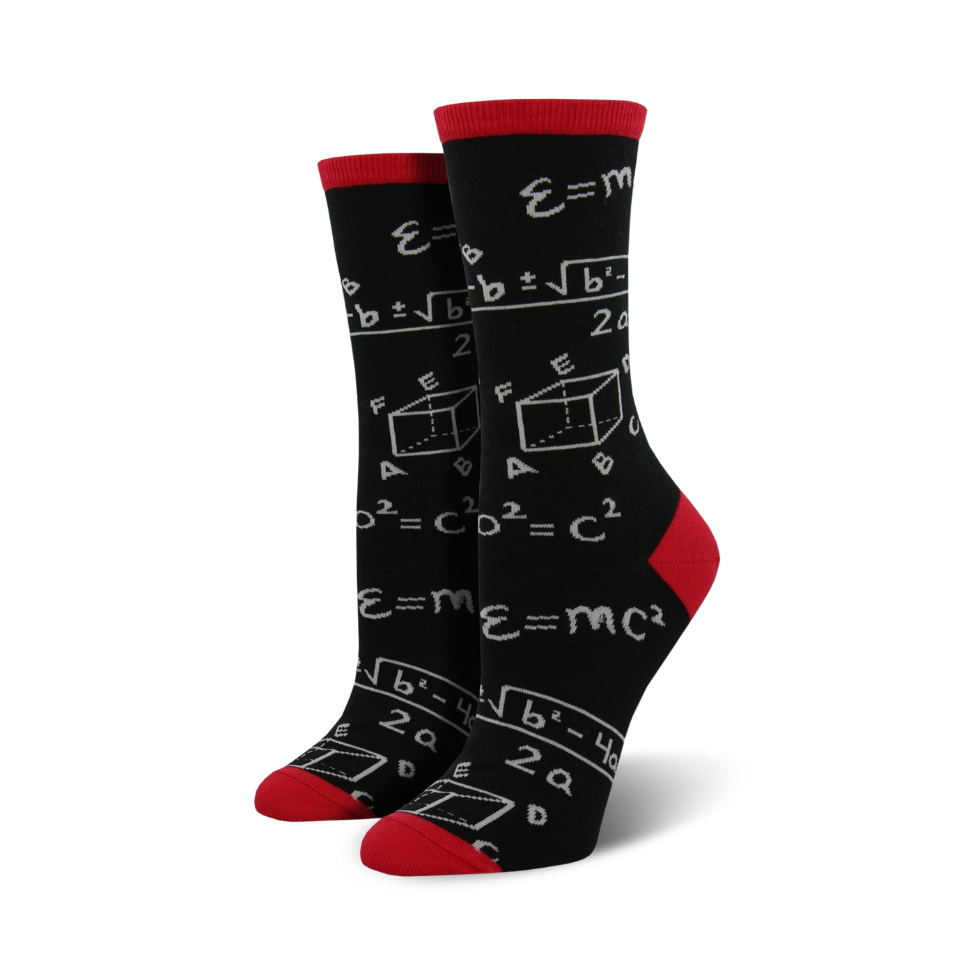 Pair of black crew socks with red cuffs.  The socks are adorned with various mathematical equations and diagrams in light gray.