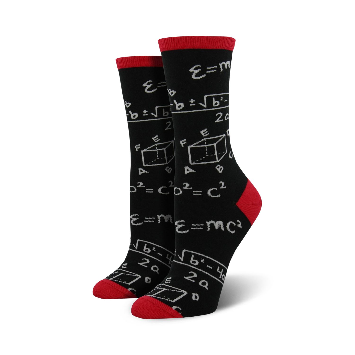 Pair of black crew socks with red cuffs.  The socks are adorned with various mathematical equations and diagrams in light gray.