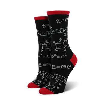 black math socks with red toes, heels, and soles, and gray and white equations and formulas all over. women's crew length.  
