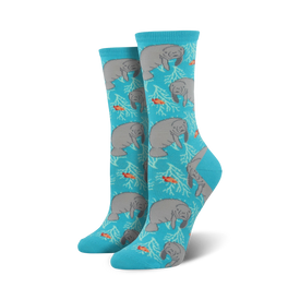 oh the hu manatee animal themed womens blue novelty crew socks