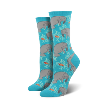 blue manatee and fish pattern crew socks. women's, animal theme.   