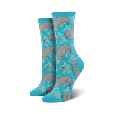 blue manatee and fish pattern crew socks. women's, animal theme.   