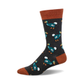 Crew socks in dark gray with teal dodo birds and burnt orange cuffs. Fun, quirky pattern for a playful look.
