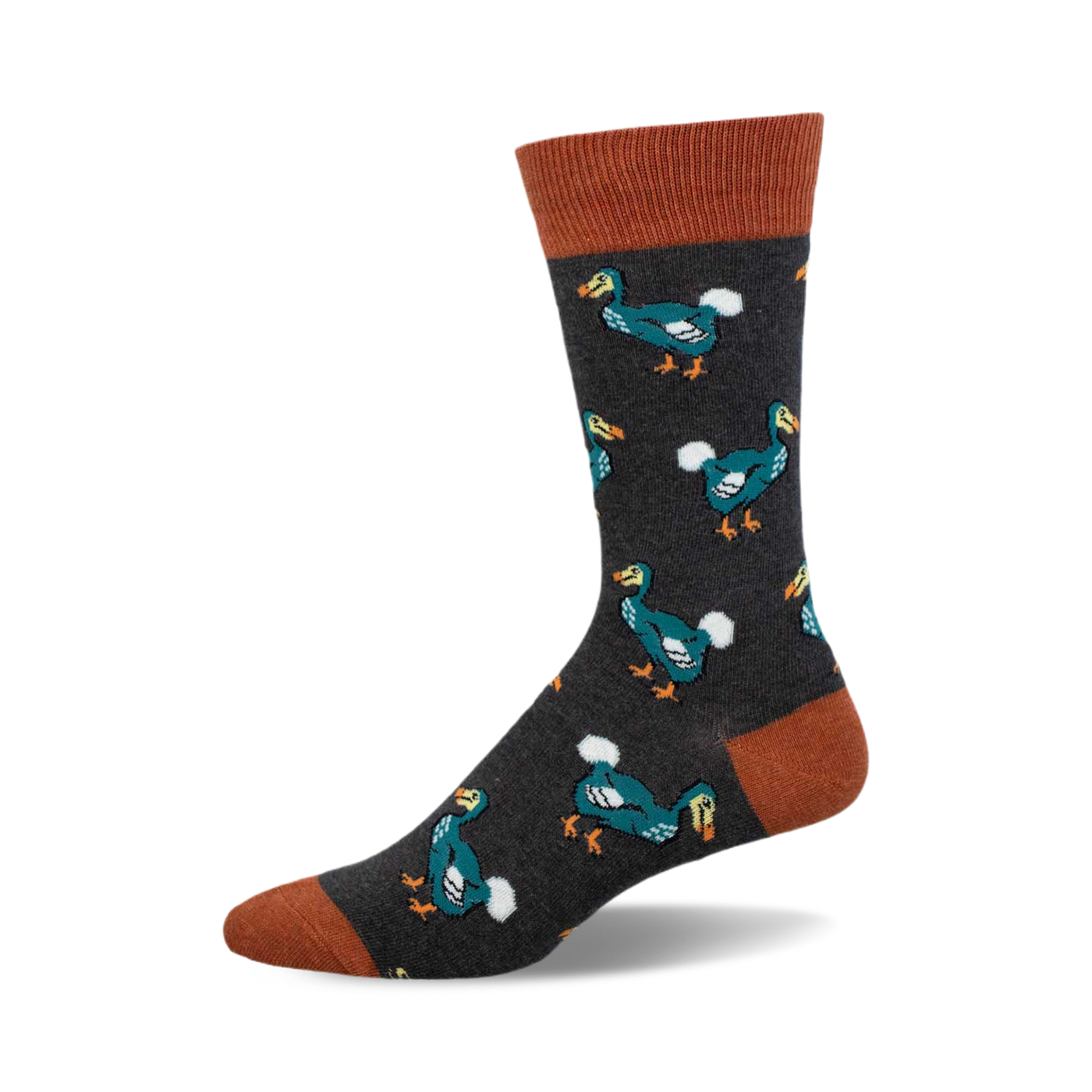 Crew socks in dark gray with teal dodo birds and burnt orange cuffs. Fun, quirky pattern for a playful look.