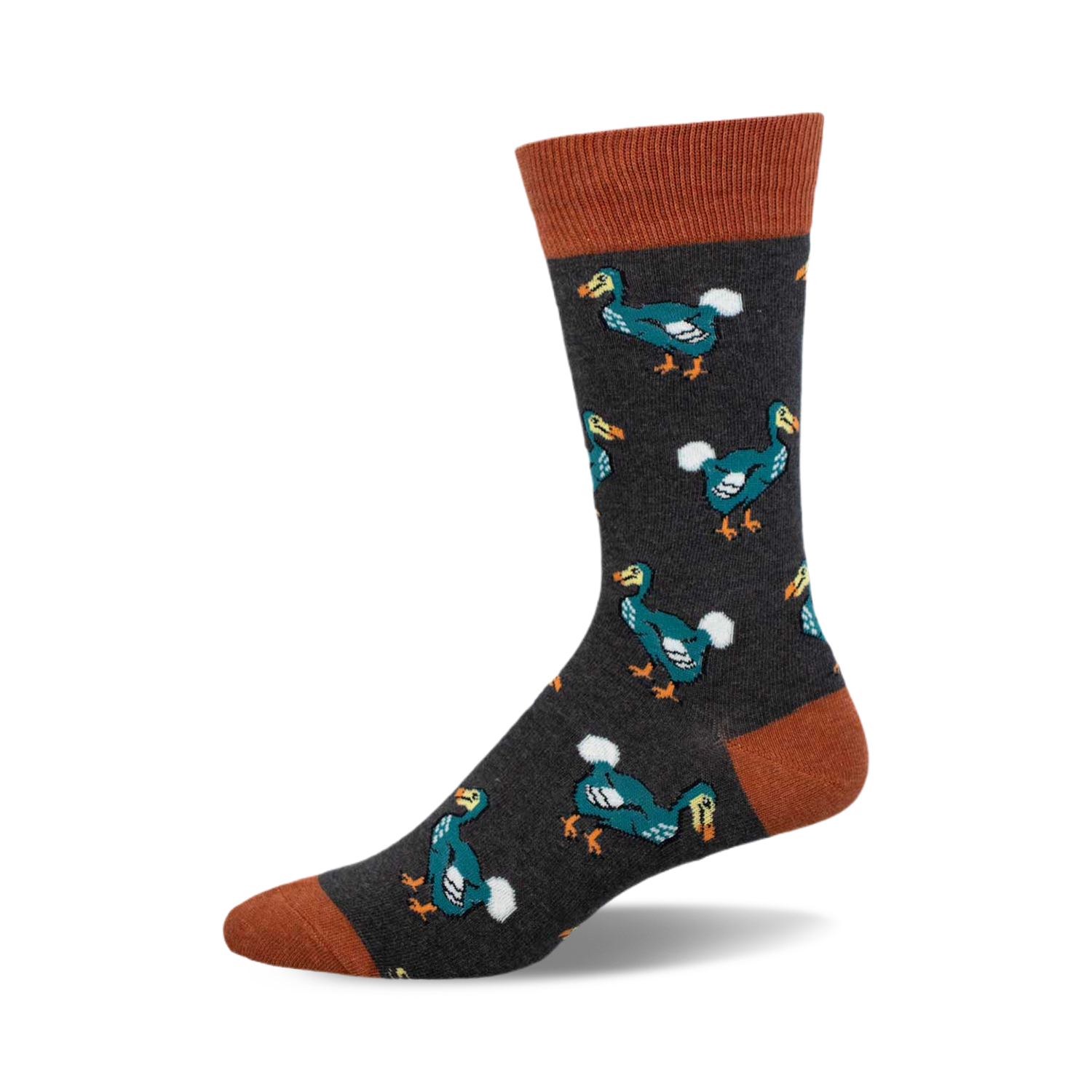 Crew socks in dark gray with teal dodo birds and burnt orange cuffs. Fun, quirky pattern for a playful look.