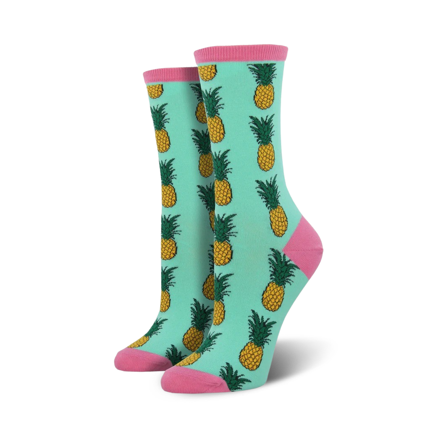 Pair of women's crew socks in teal with a repeating pineapple pattern.  Pink accents at the top and bottom.