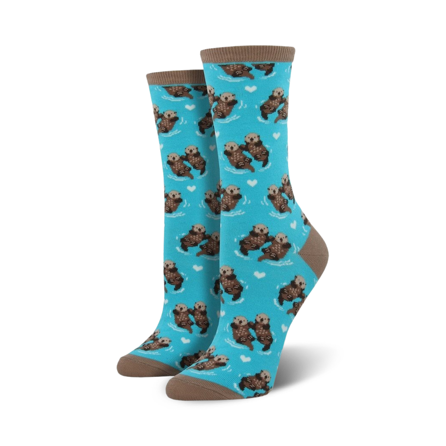 Pair of crew socks with a teal background featuring a repeating pattern of otters holding hands and small hearts.