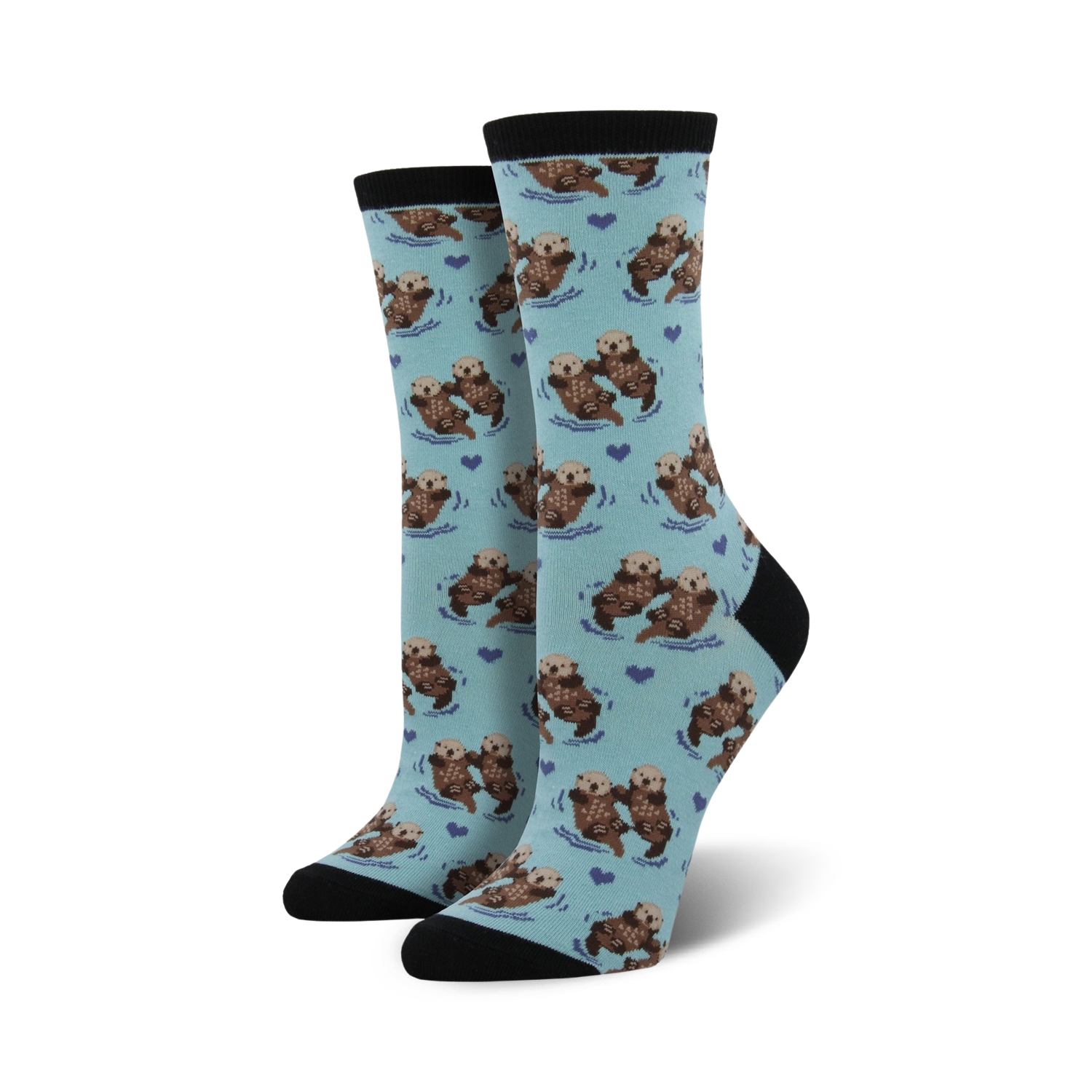 Close-up of a pair of black-cuffed otter socks against a white background.