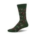 A green crew sock with a repeating pattern of brown wooly mammoths. The mammoths are illustrated in a whimsical style.