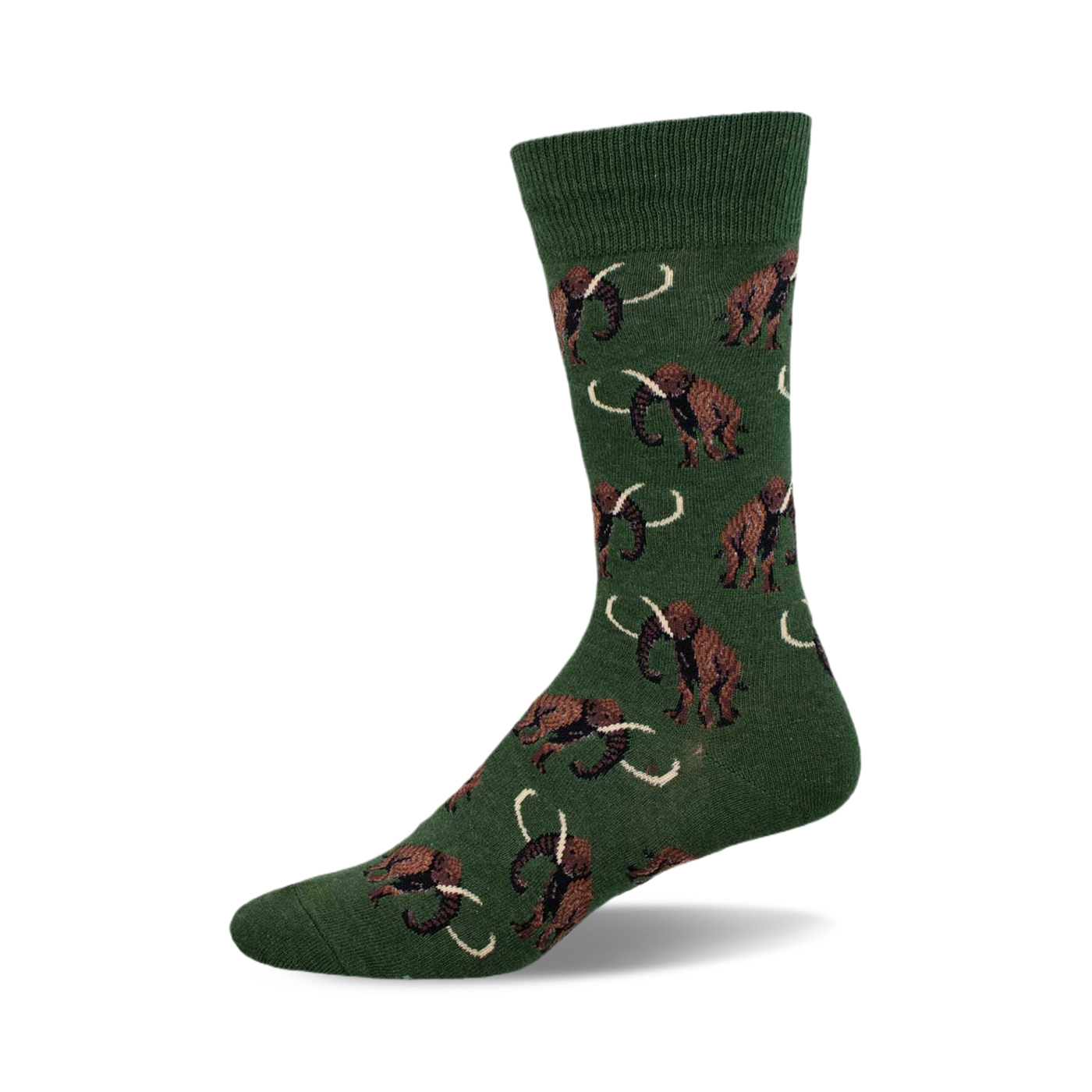 A green crew sock with a repeating pattern of brown wooly mammoths. The mammoths are illustrated in a whimsical style.