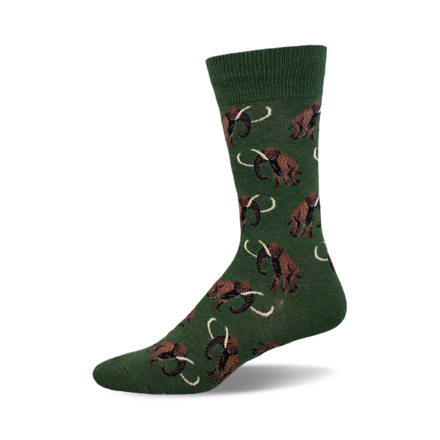 A green crew sock with a repeating pattern of brown wooly mammoths. The mammoths are illustrated in a whimsical style.