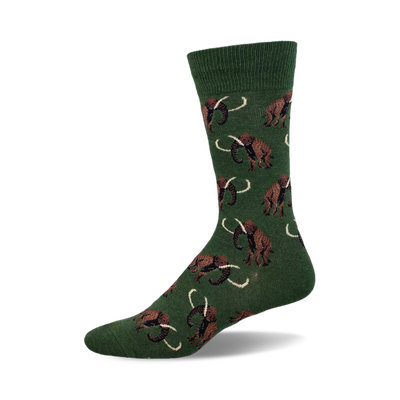 side view of green wooly mammoth socks.  features a repeating pattern of brown mammoths.