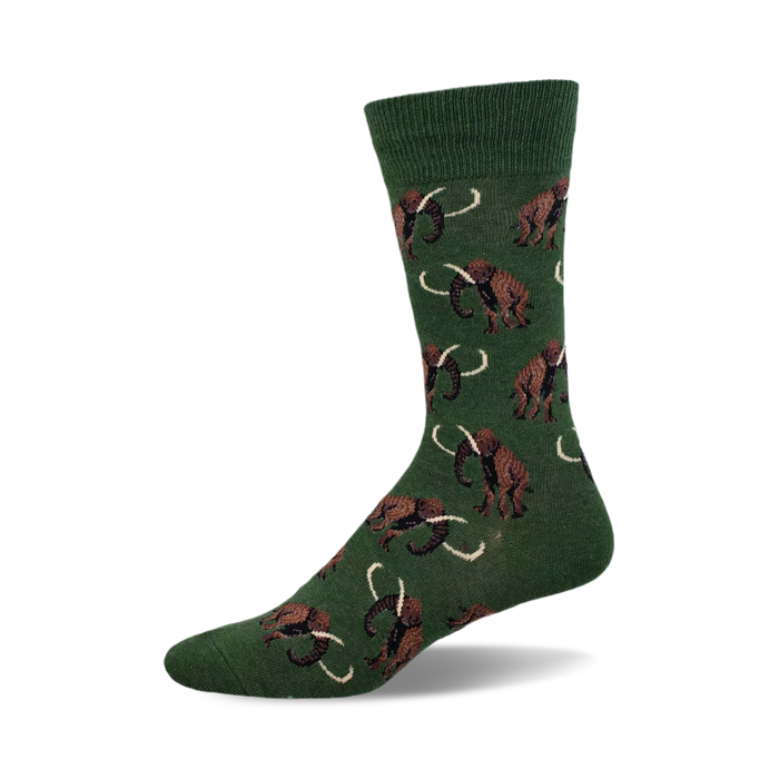 side view of green wooly mammoth socks.  features a repeating pattern of brown mammoths. }}