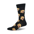 Black crew socks with a repeating pattern of snarling sabertooth tiger faces in yellow and red.