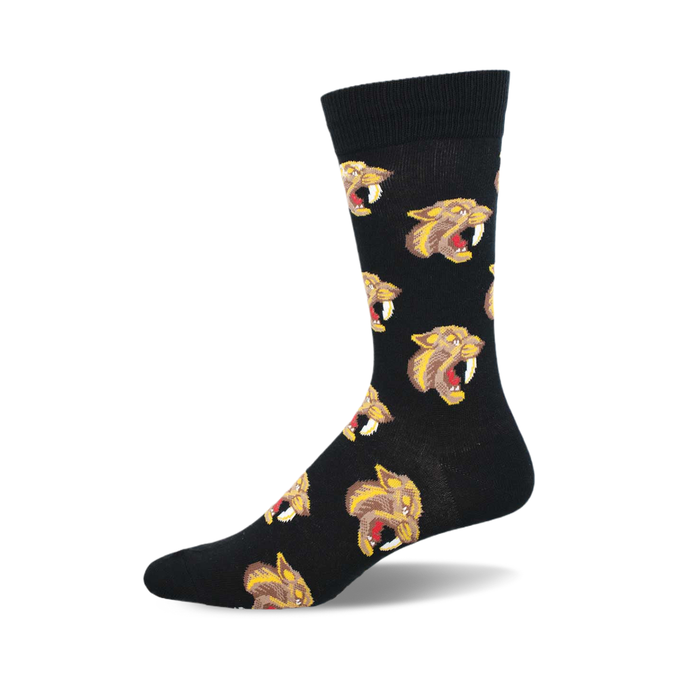 Black crew socks with a repeating pattern of snarling sabertooth tiger faces in yellow and red.