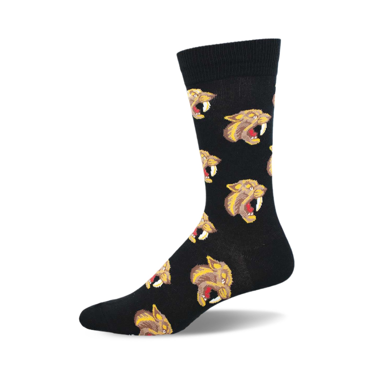 Black crew socks with a repeating pattern of snarling sabertooth tiger faces in yellow and red.