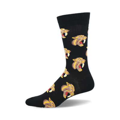 side view of black "sabertooth" socks featuring a repeating pattern of snarling saber-toothed cat faces.