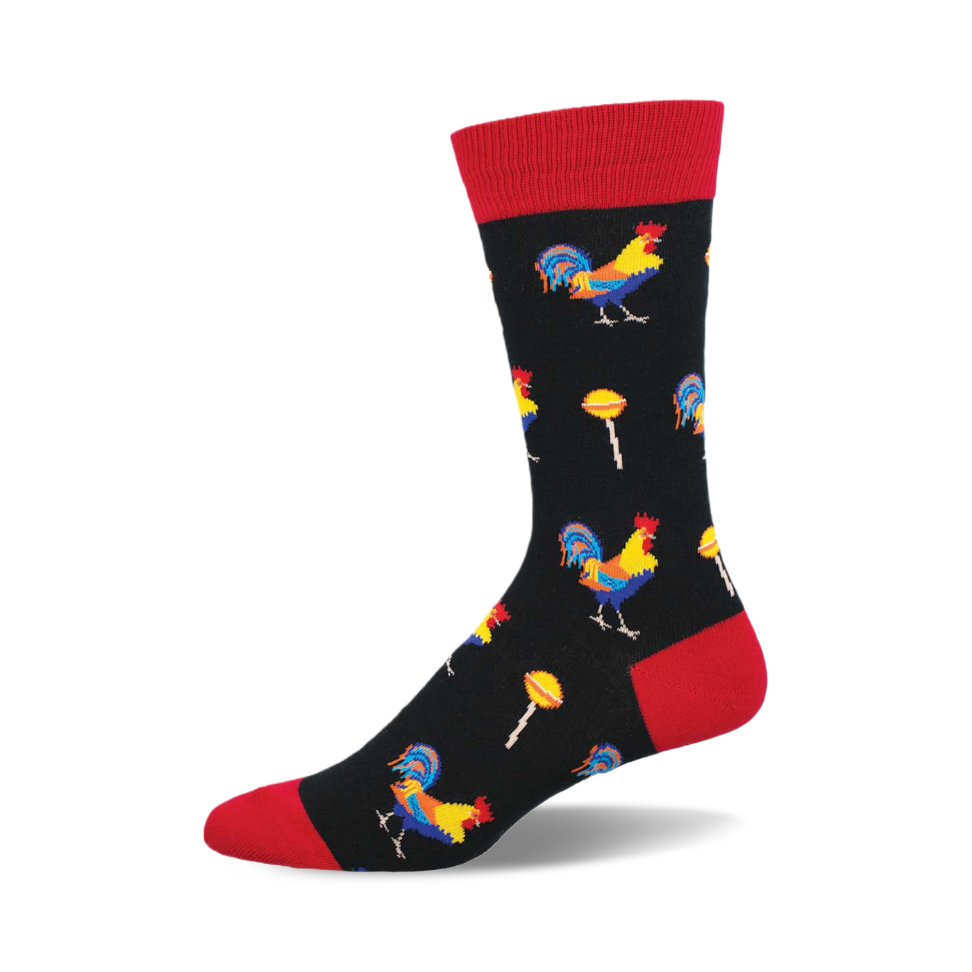 Black crew socks with a red cuff featuring colorful roosters and yellow lollipops on a repeating pattern.
