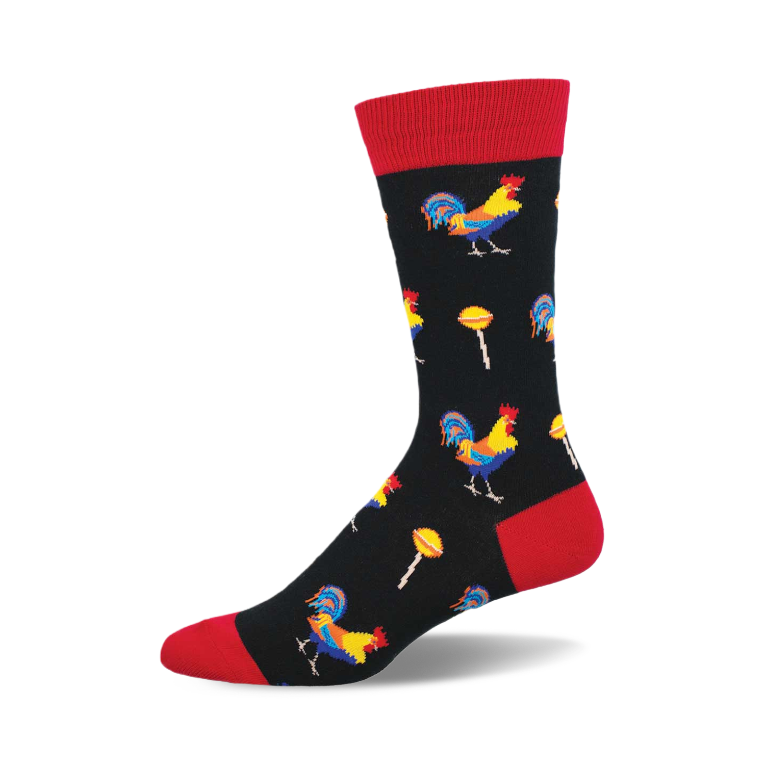 Black crew socks with a red cuff featuring colorful roosters and yellow lollipops on a repeating pattern.