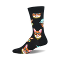 Black crew socks with a repeating pattern of orange cats wearing sunglasses and gold chains.  Other cats wear hats.